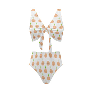 cute onions smiling faces Chest Bowknot High Waisted Bikini Swimsuit