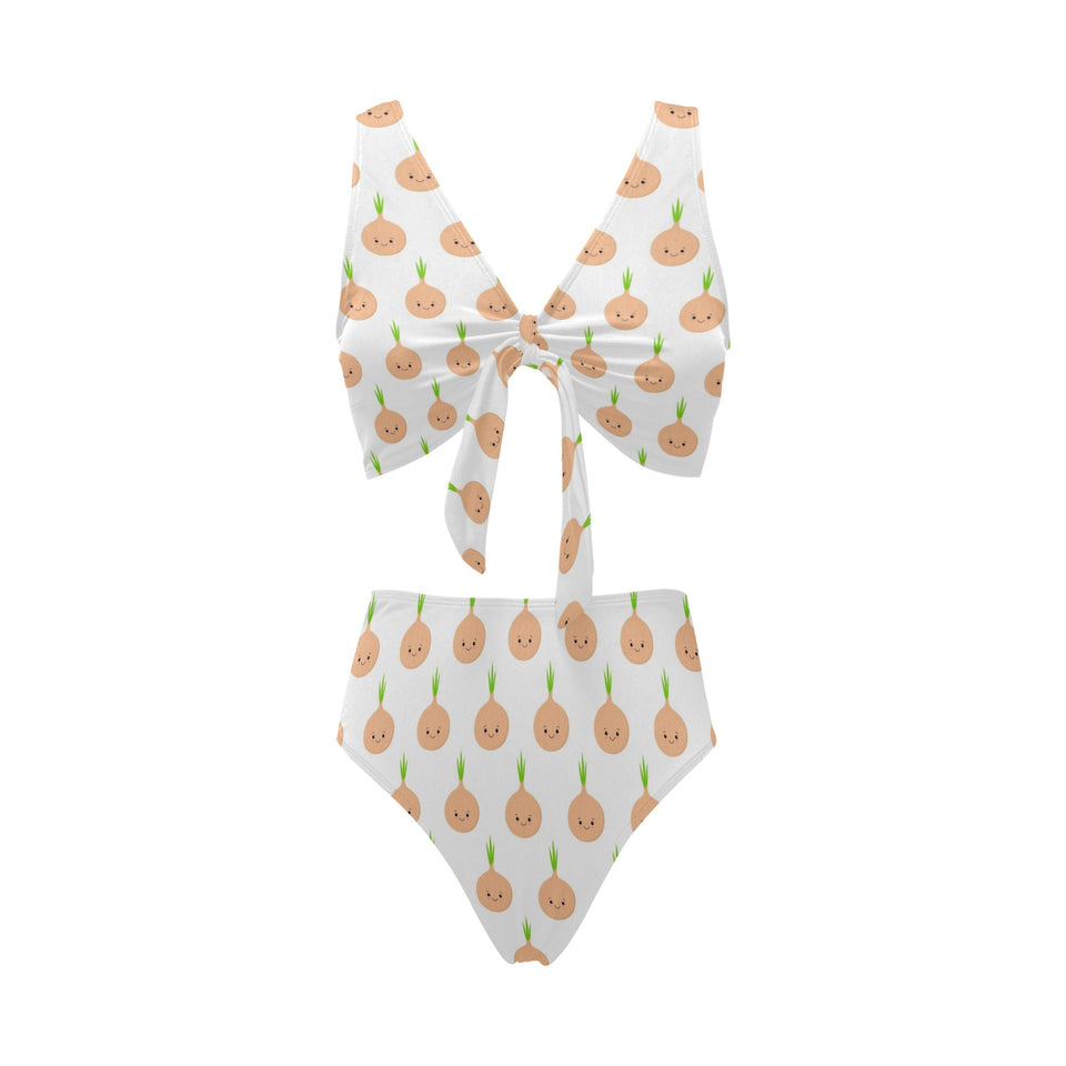 cute onions smiling faces Chest Bowknot High Waisted Bikini Swimsuit