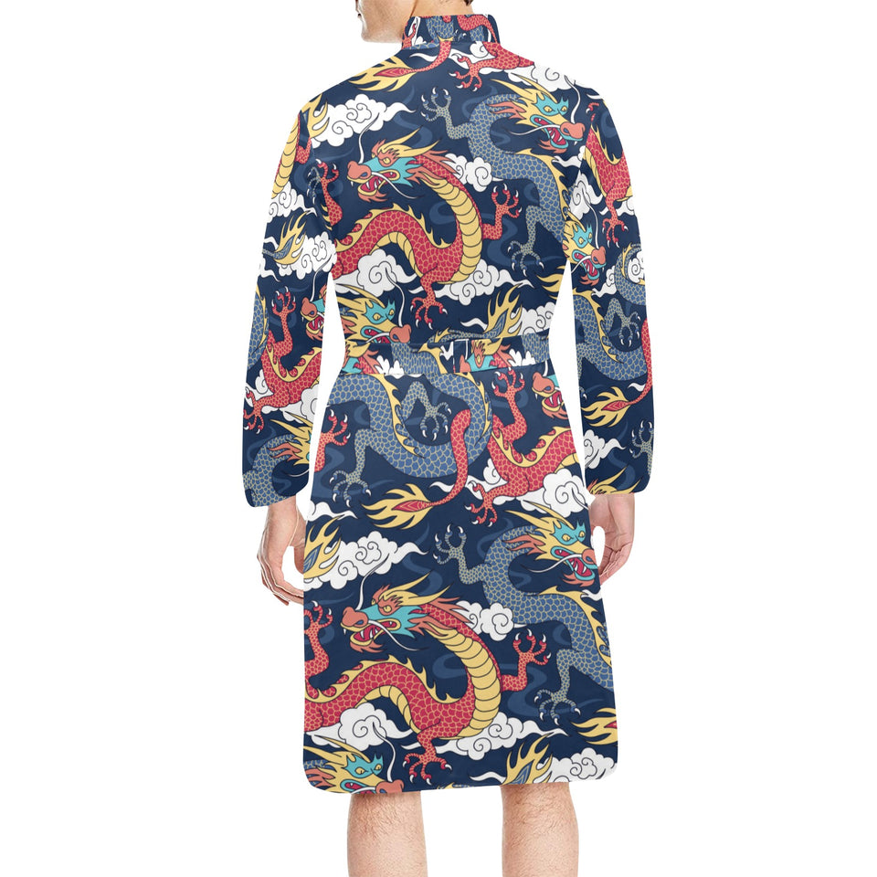 Blue red dragon cloud pattern Men's Long Sleeve Belted Night Robe