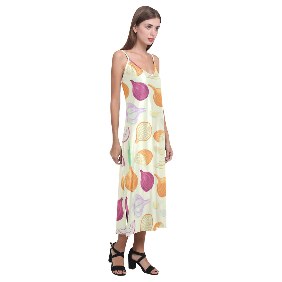 Onion garlic white red pattern V-Neck Open Fork Long Dress
