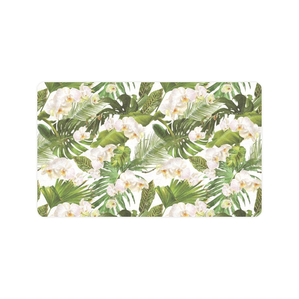 White orchid flower tropical leaves pattern Doormat