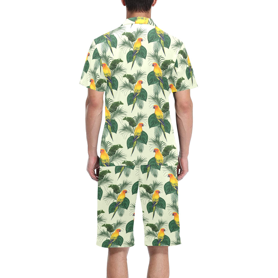Beautiful parrot palm leaves pattern Men's V-Neck Short Pajama Set