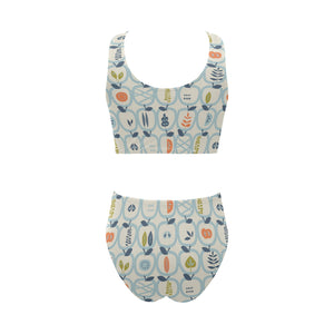 apples leaves pattern Chest Bowknot High Waisted Bikini Swimsuit