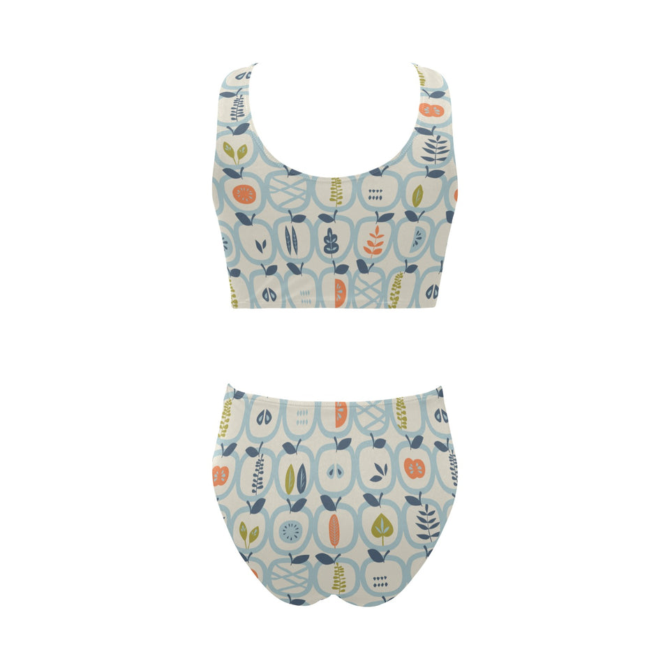 apples leaves pattern Chest Bowknot High Waisted Bikini Swimsuit
