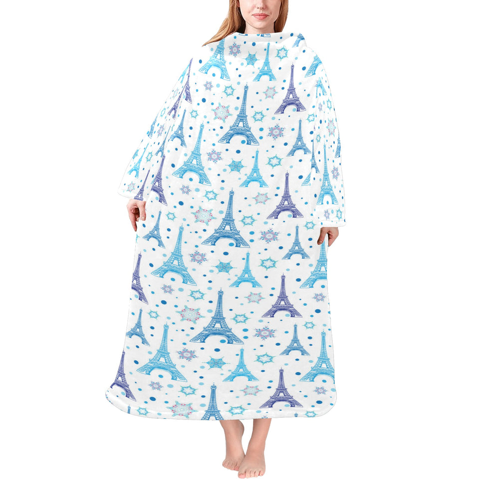 Blue Eiffel Tower Theme Pattern Print Design 01 Blanket Robe with Sleeves