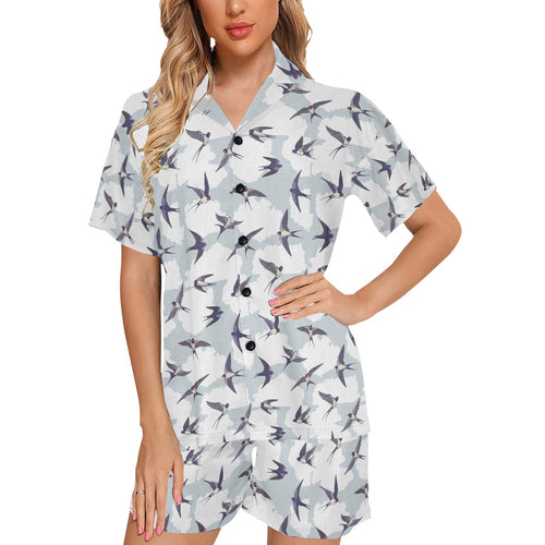 Swallow Pattern Print Design 05 Women's V-Neck Short Pajama Set
