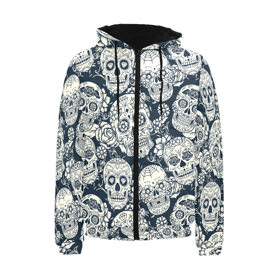Sugar skull black white pattern Men's Padded Hooded Jacket