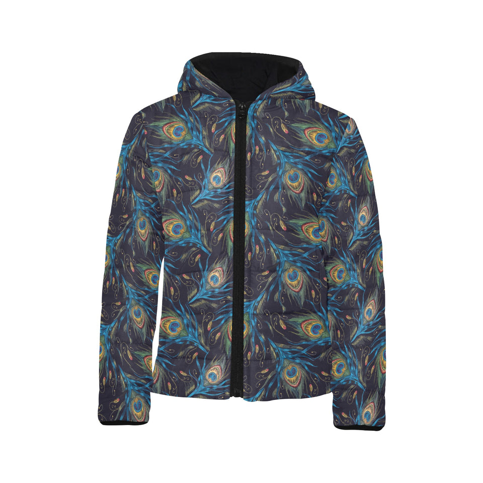 Beautiful peacock feather pattern Kids' Boys' Girls' Padded Hooded Jacket