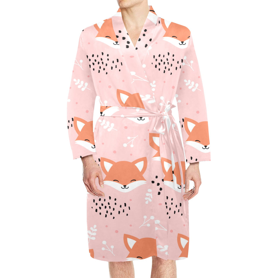 Cute fox pattern pink background Men's Long Sleeve Belted Night Robe