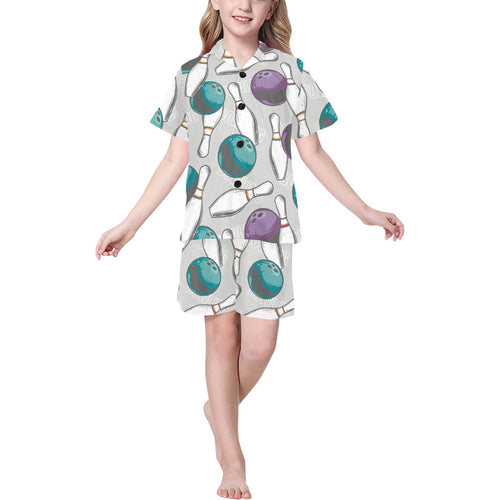Bowling ball and pin gray background Kids' Boys' Girls' V-Neck Short Pajama Set