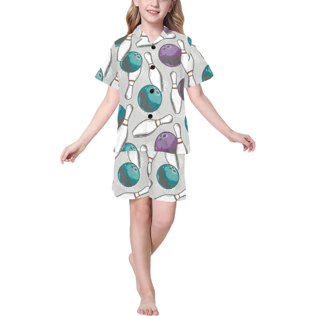 Bowling ball and pin gray background Kids' Boys' Girls' V-Neck Short Pajama Set