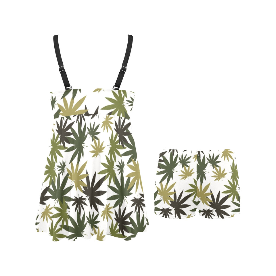 Canabis Marijuana Weed Pattern Print Design 05 Chest Sexy Pleated Two Piece Swim Dress
