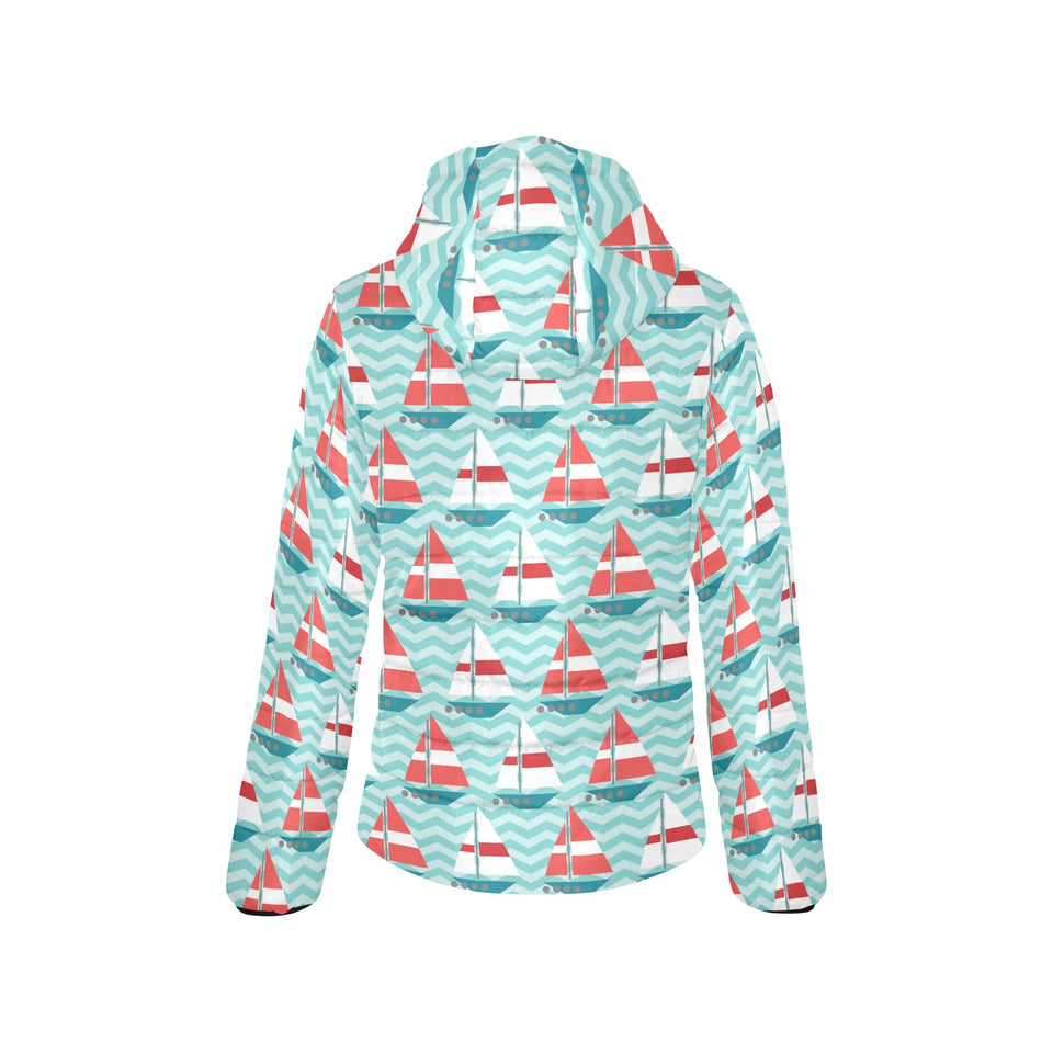 Red White sailboat wave background Women's Padded Hooded Jacket