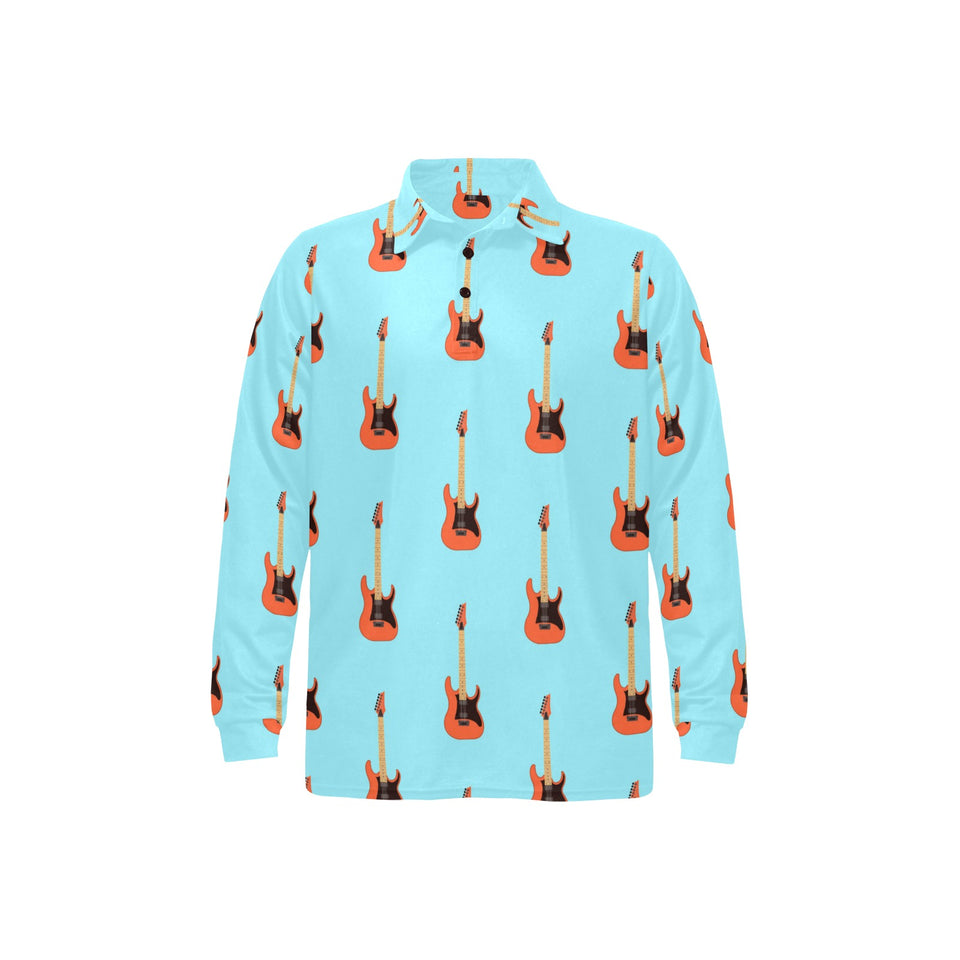 electric guitar pattern light blue background Men's Long Sleeve Polo Shirt