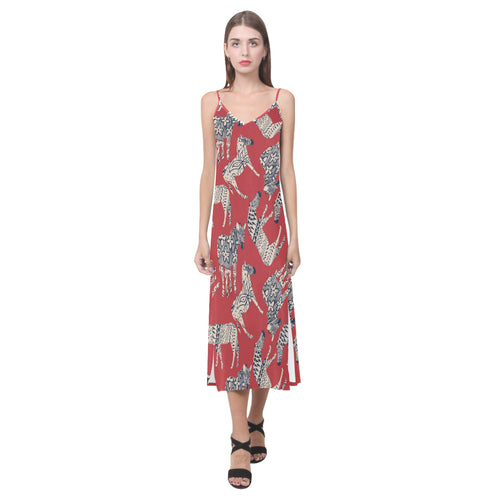 Zebra abstract red background V-Neck Open Fork Long Dress