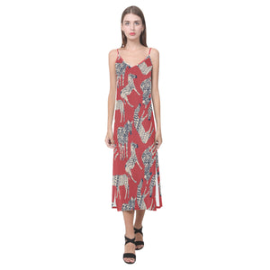 Zebra abstract red background V-Neck Open Fork Long Dress