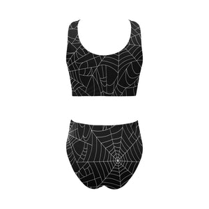 Spider web pattern Black background white cobweb Chest Bowknot High Waisted Bikini Swimsuit