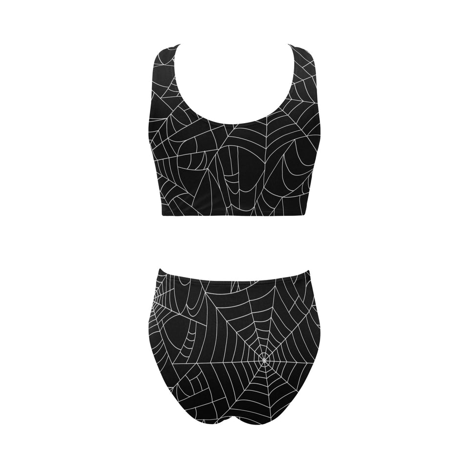 Spider web pattern Black background white cobweb Chest Bowknot High Waisted Bikini Swimsuit