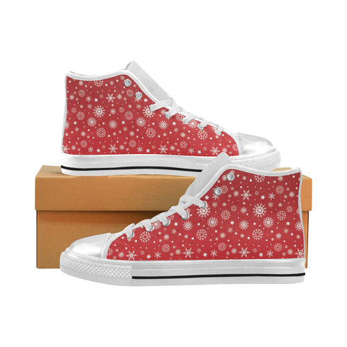 Snowflake pattern red background Women's High Top Canvas Shoes White