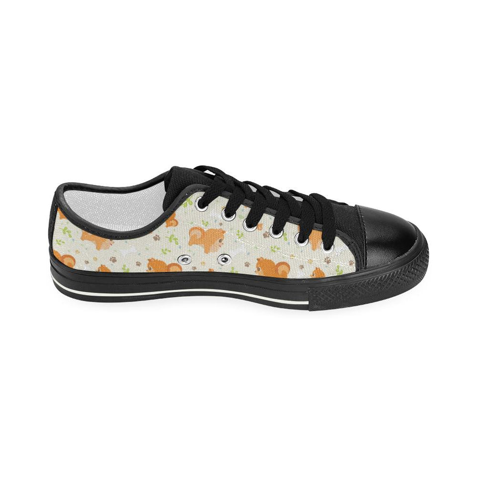 Cute brown pomeranian paw leave bone pattern Kids' Boys' Girls' Low Top Canvas Shoes Black