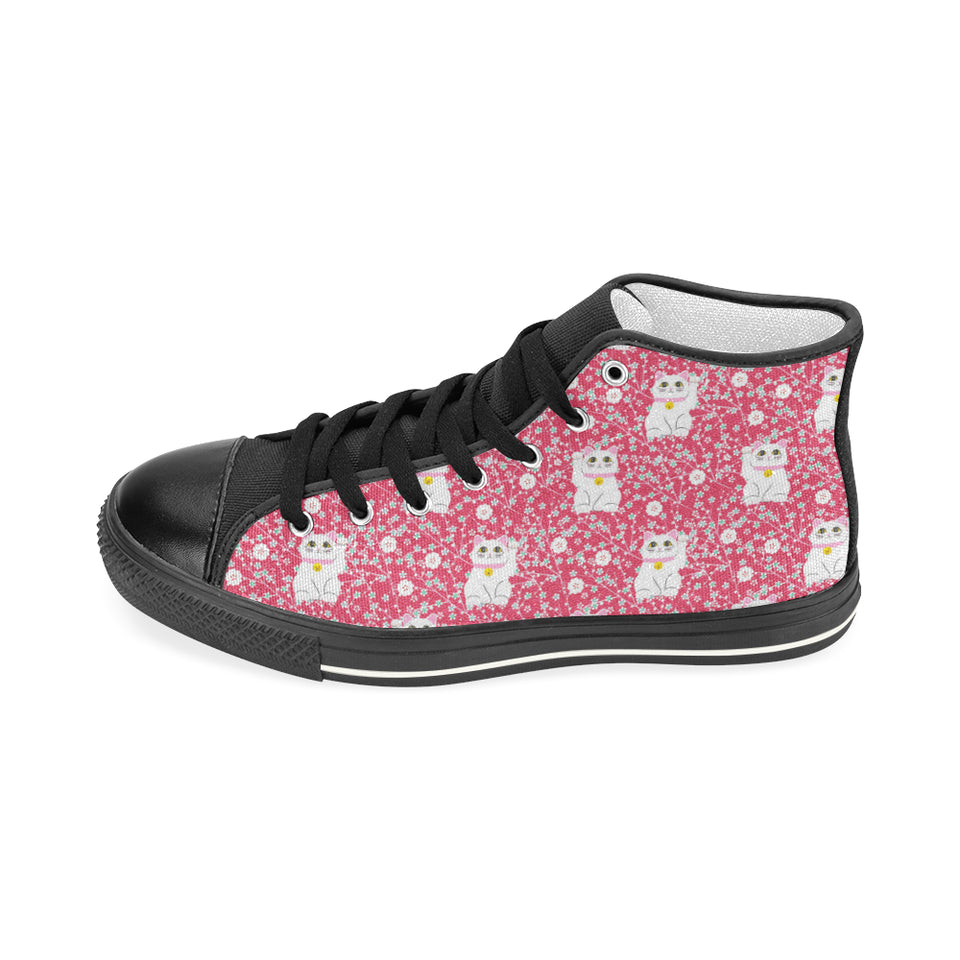 Maneki neko cat sakura pink background Women's High Top Canvas Shoes Black