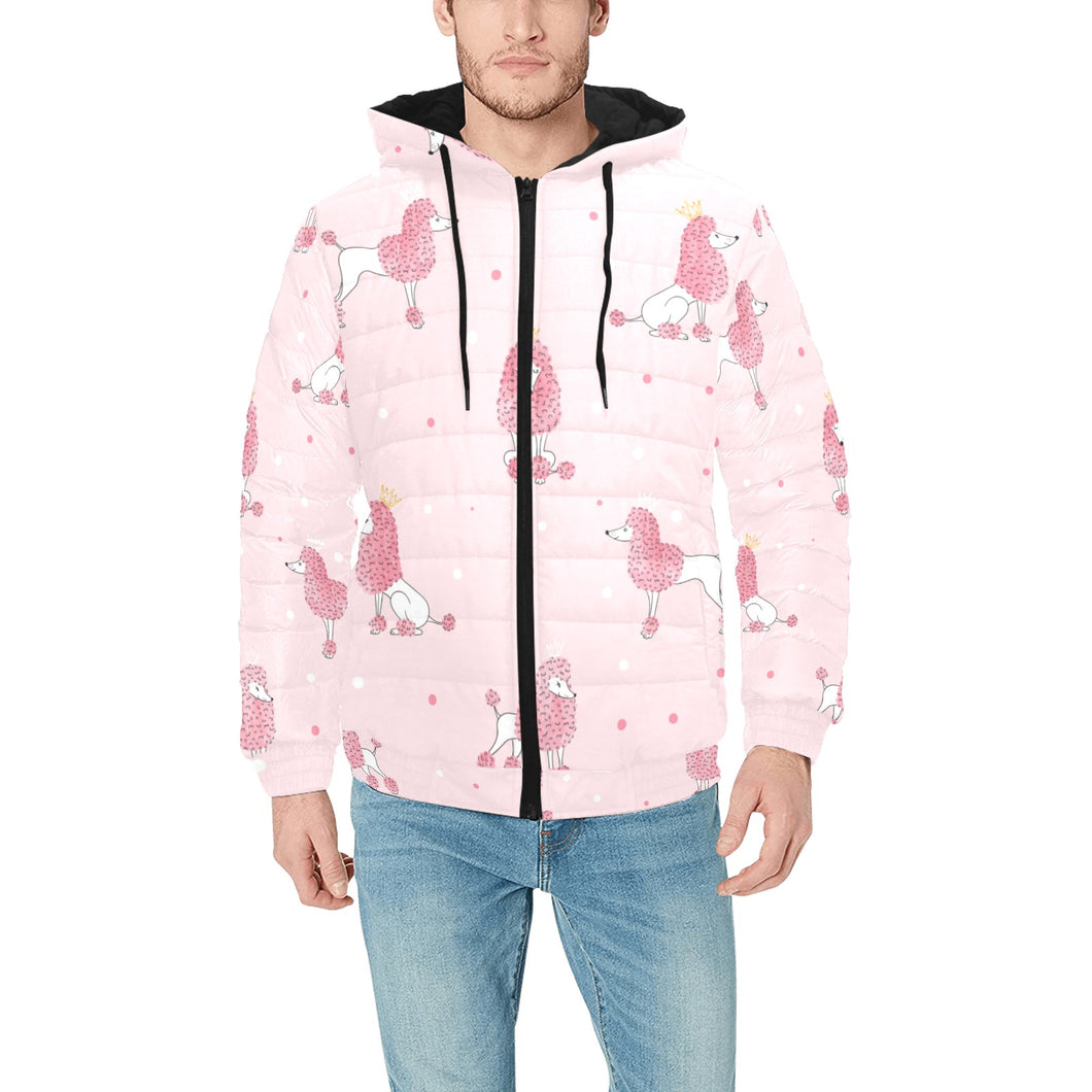 Poodle dog pink color theme Men's Padded Hooded Jacket