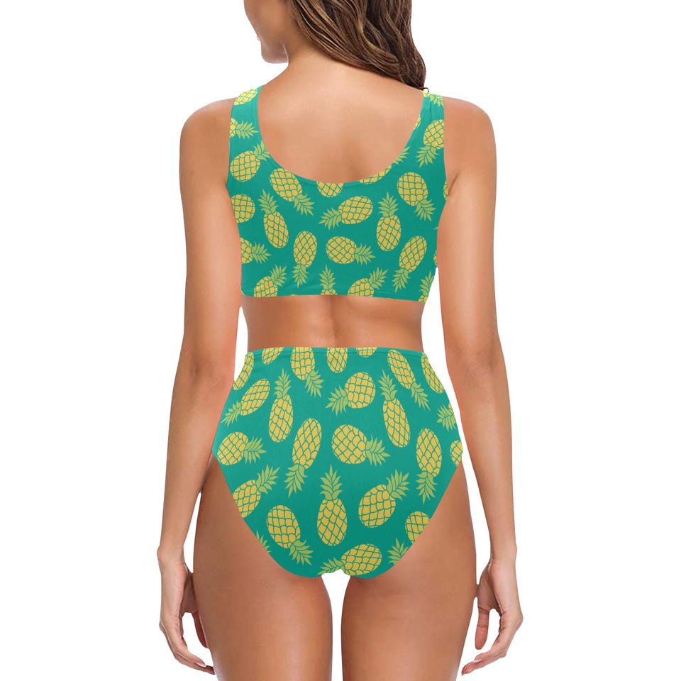 Pineapples pattern green background Chest Bowknot High Waisted Bikini Swimsuit