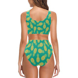 Pineapples pattern green background Chest Bowknot High Waisted Bikini Swimsuit
