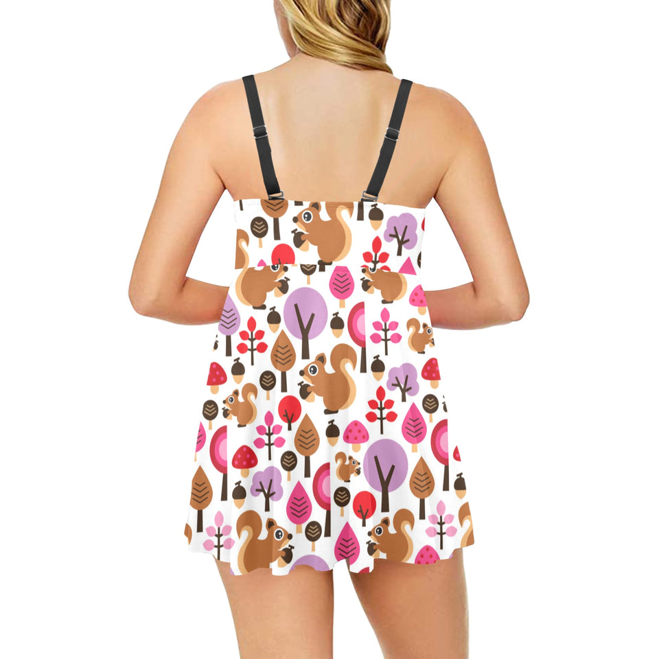 Squirrel Pattern Print Design 02 Chest Sexy Pleated Two Piece Swim Dress