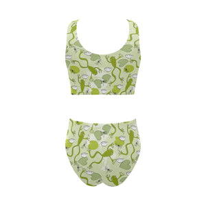Cute frog dragonfly pattern Chest Bowknot High Waisted Bikini Swimsuit