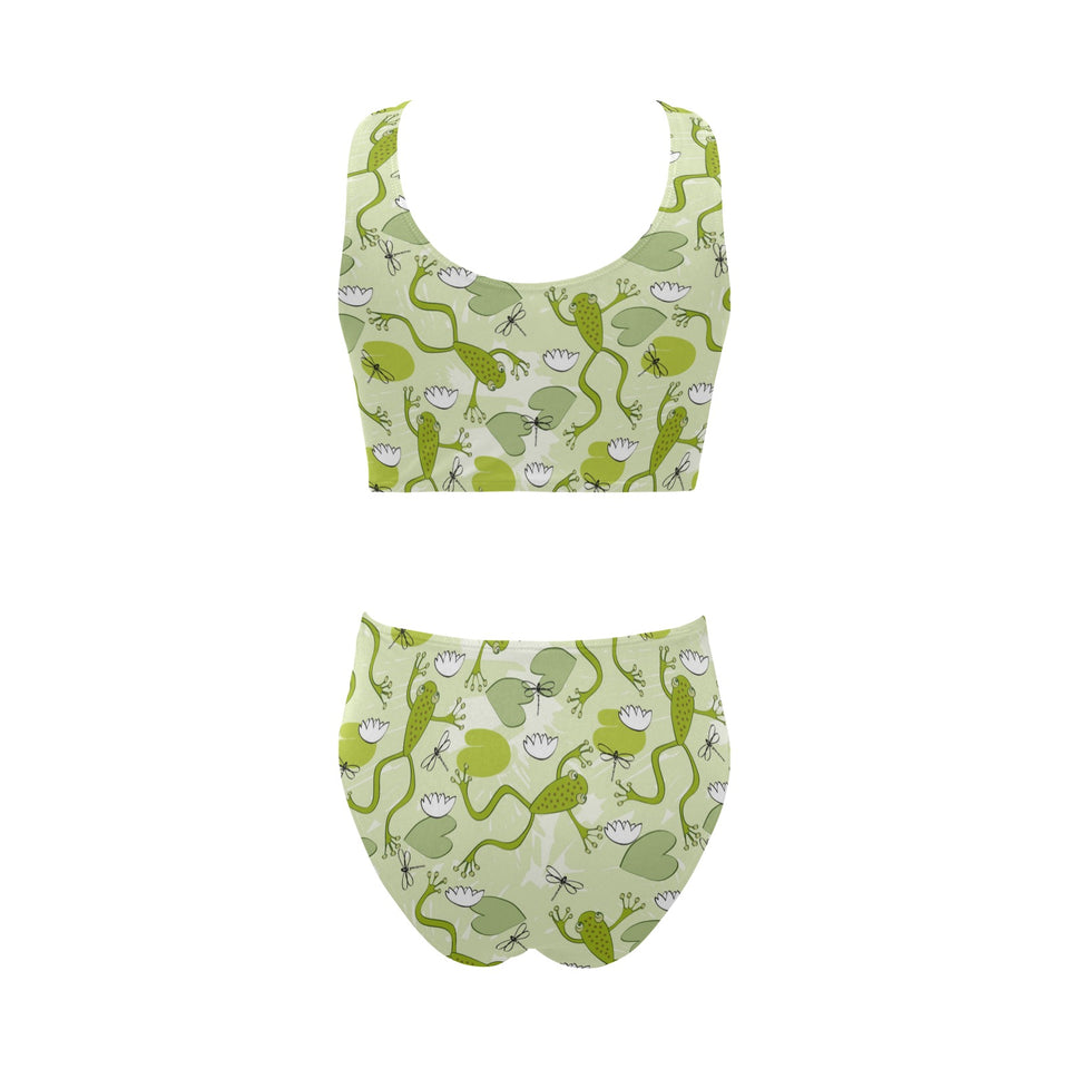 Cute frog dragonfly pattern Chest Bowknot High Waisted Bikini Swimsuit