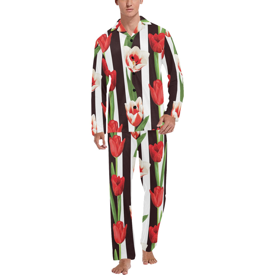 red and white tulips pattern Men's Long Pajama Set
