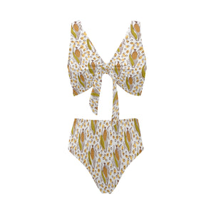 Corn Pattern Print Design 02 Chest Bowknot High Waisted Bikini Swimsuit