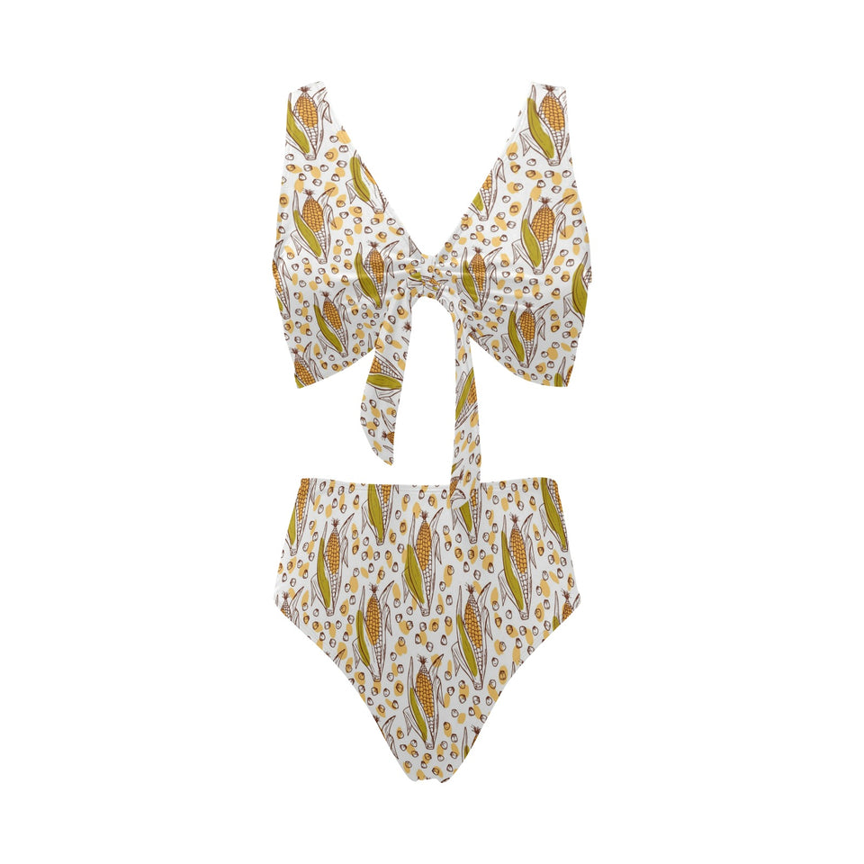 Corn Pattern Print Design 02 Chest Bowknot High Waisted Bikini Swimsuit