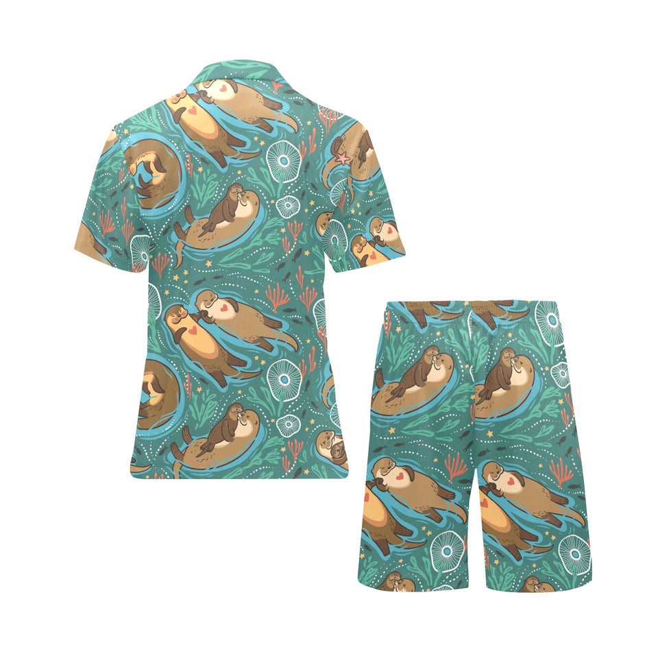cute brown sea otters ornamental seaweed corals gr Men's V-Neck Short Pajama Set