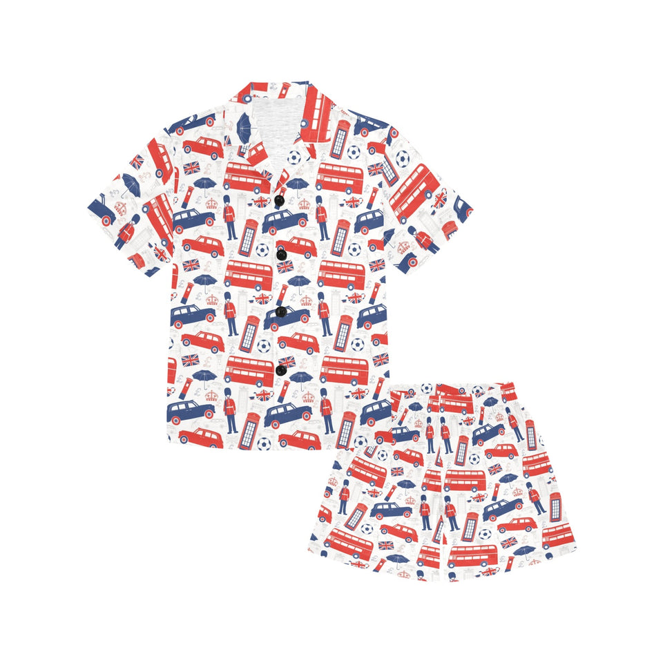 British Pattern Print Design 03 Kids' Boys' Girls' V-Neck Short Pajama Set