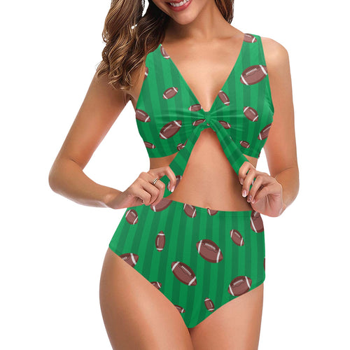 American football ball field background Chest Bowknot High Waisted Bikini Swimsuit