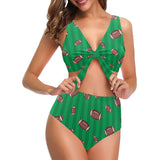 American football ball field background Chest Bowknot High Waisted Bikini Swimsuit