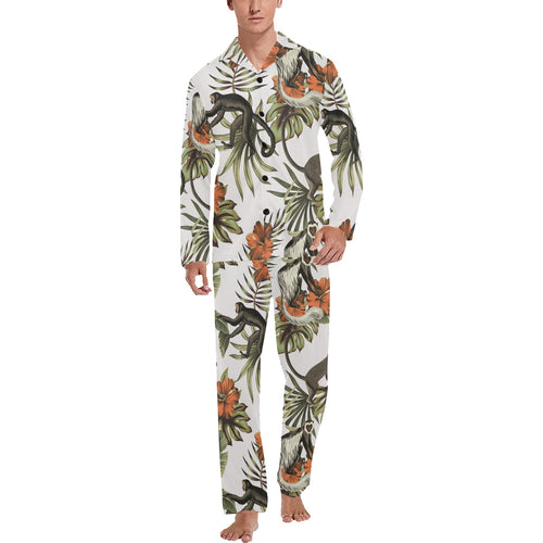Monkey red hibiscus flower palm leaves floral patt Men's Long Pajama Set