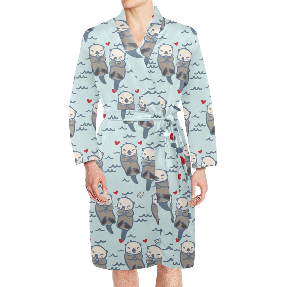 Lovely Sea Otter Pattern Men's Long Sleeve Belted Night Robe