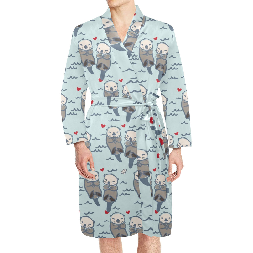Lovely Sea Otter Pattern Men's Long Sleeve Belted Night Robe