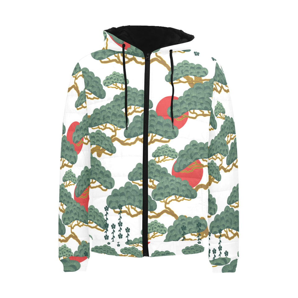 Bonsai red sun japanese pattern Men's Padded Hooded Jacket