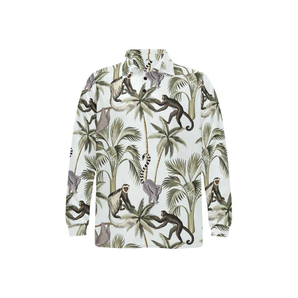 Monkey sloth lemur palm trees pattern Men's Long Sleeve Polo Shirt