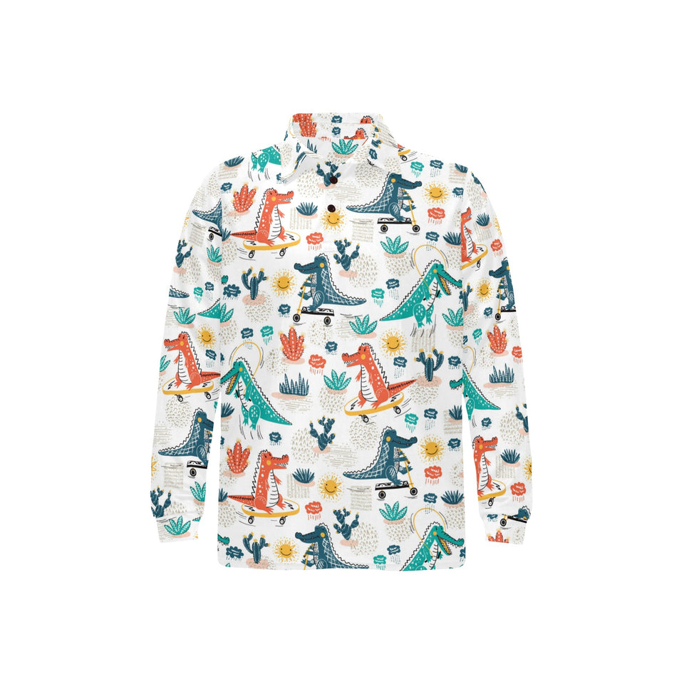 Cute Crocodile Pattern Men's Long Sleeve Polo Shirt