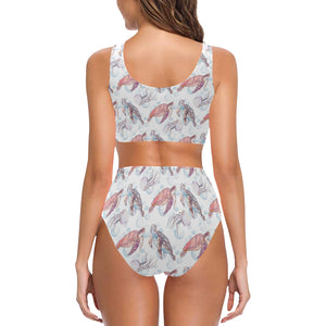 Watercolor sea turtle jellyfish pattern Chest Bowknot High Waisted Bikini Swimsuit
