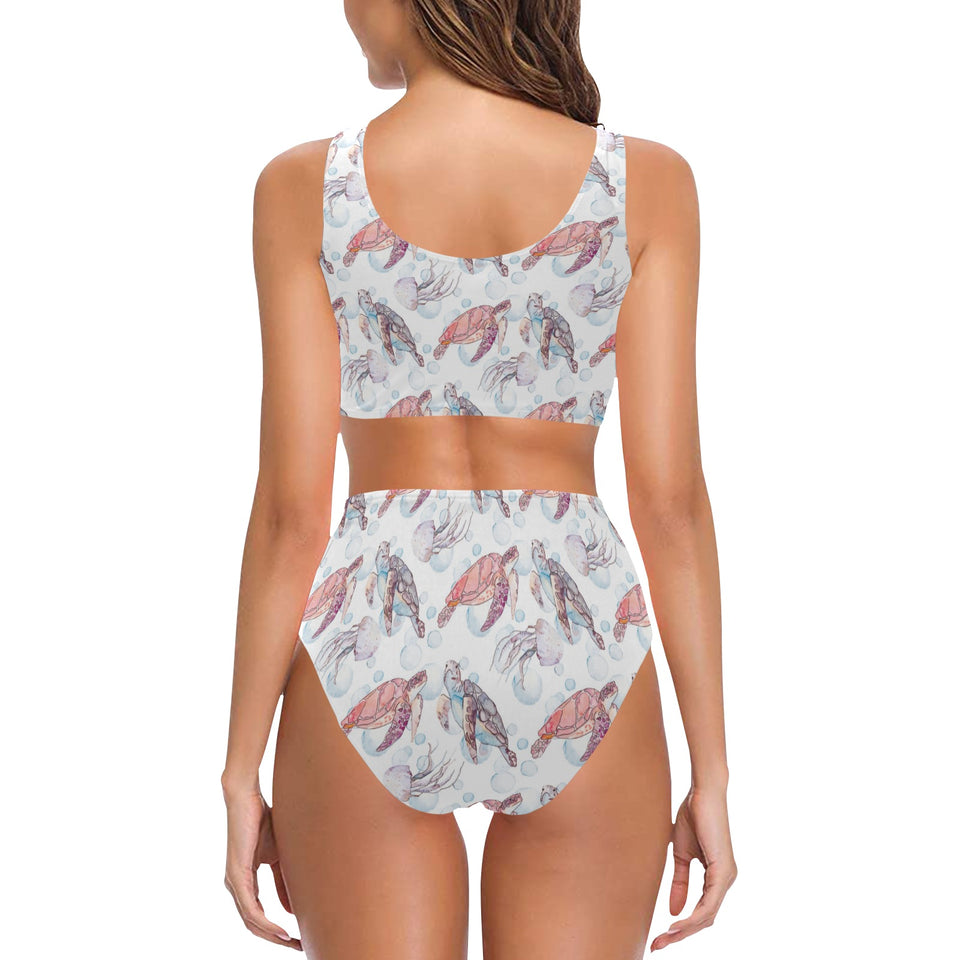 Watercolor sea turtle jellyfish pattern Chest Bowknot High Waisted Bikini Swimsuit