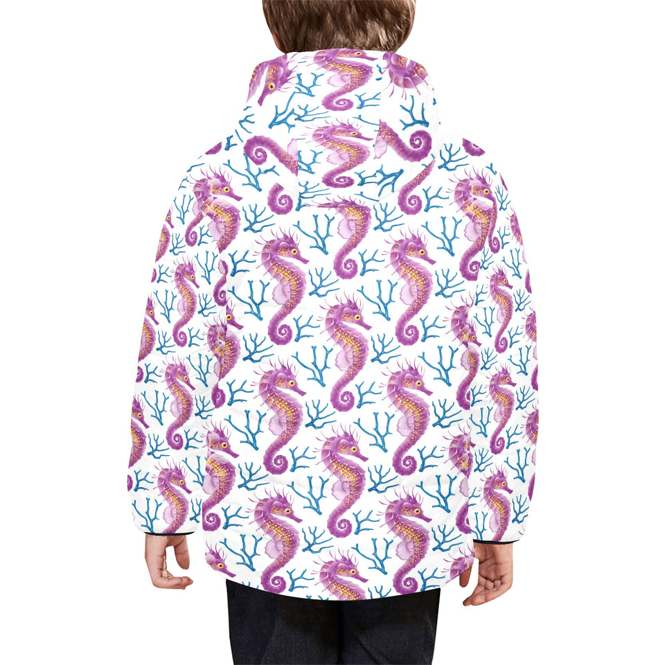 Purple seahorse blue coral pattern Kids' Boys' Girls' Padded Hooded Jacket