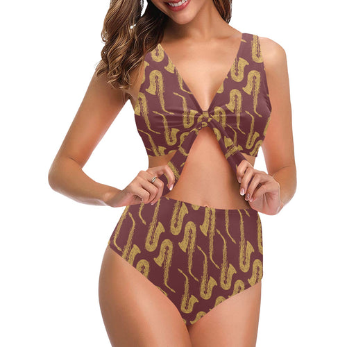 Hand drawn gold saxophone red background Chest Bowknot High Waisted Bikini Swimsuit