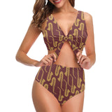 Hand drawn gold saxophone red background Chest Bowknot High Waisted Bikini Swimsuit