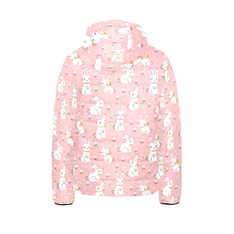 Cute white rabbit flower pink background Kids' Boys' Girls' Padded Hooded Jacket